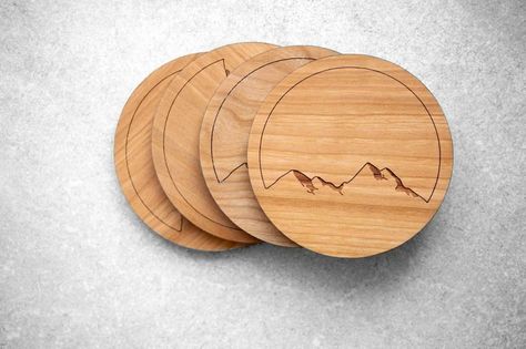 Mountain Coasters Modern Wood Coasters Mountain Gifts | Etsy Laser Business, Engraved Wood Coasters, Laser Cut Coaster, Custom Housewarming Gift, Autumn Woods, Card Box Holder, Mountain Design, Cherry Hardwood, Wood Building