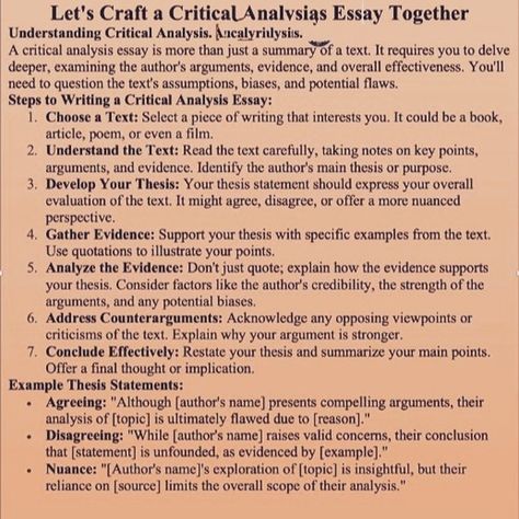 Let's Craft a Critical Analysis' Essay Together #research #criticalanalysis #dissertation #academictiktok #academia #academicwriting #literaturereview #criticalthinking Critical Analysis Essay Outline, Analysis Essay, Critical Analysis, Survival Stuff, Essay Outline, Essay Writing Tips, Academic Writing, Essay Writing, Critical Thinking