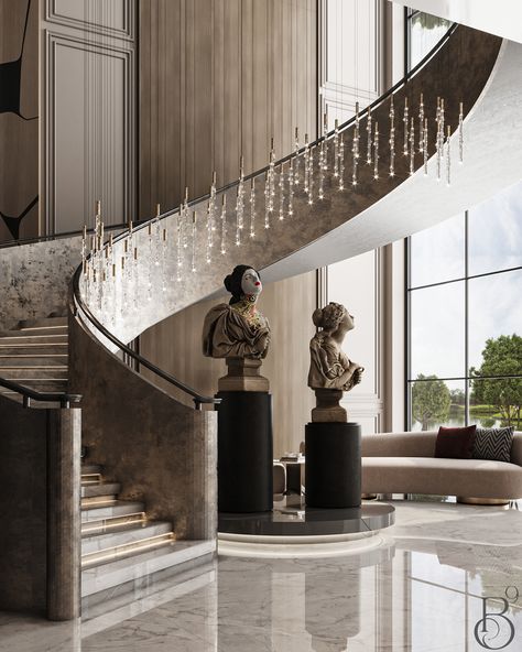 Foyer Minimalist, Luxurious Stairs, Luxurious Entrance, Luxurious Staircase, Villa In Dubai, Stair Design Architecture, Luxury Stairs, Entrance Foyer Design, درج السلم