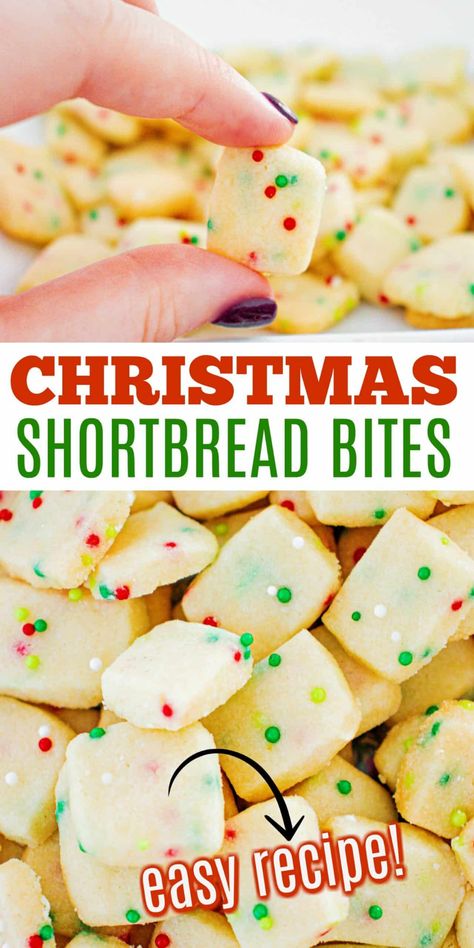 Buttery shortbread in bite-sized pieces make a delicious treat for the holidays! This five ingredient recipe creates perfect Christmas Shortbread Bites--just add colorful sprinkles and start celebrating. Shortbread Bites Recipes, Shortbread Bites, Shortbread Cookies Christmas, Christmas Shortbread, Bite Size Cookies, Shugary Sweets, Buttery Shortbread, Shortbread Bars, Shortbread Cookie Recipe