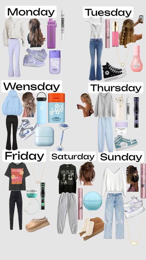 Outfits of the week! #beauty Outfits Of The Week Summer, Weekly Outfit Planner For School, Outfits For Everyday Of The Week, Outfits For Days Of The Week, Weekly Outfits For School, Day Of The Week Outfits, School Outfits Middle School 6th Grade, Week Outfits For School, Outfit Ideas For The Week