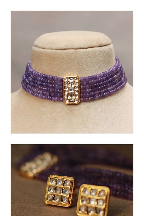 Purple Beads Jewelry Indian Gold, Purple Stone Jewellery, Purple Necklace Indian, Purple Beads Necklace Indian, Purple Earrings Indian, Purple Beads Necklace, Purple Choker Necklace, Purple Jewellery, Purple Beaded Necklace