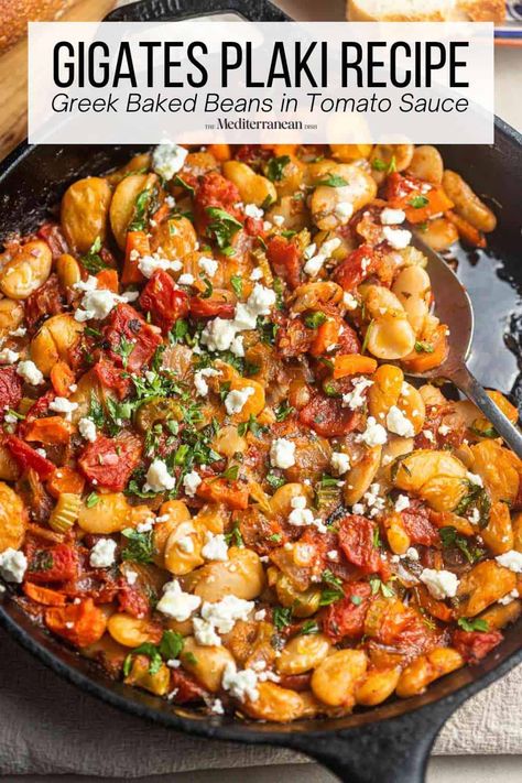 Gigantes Plaki (Greek-Style Baked Giant Beans) Giant Beans Recipe, Gigantes Plaki, Healthy Greek Recipes, Simple Baked Beans Recipe, White Bean Recipes, Meat Meals, The Mediterranean Dish, Easy Mediterranean Diet Recipes, Greek Cooking