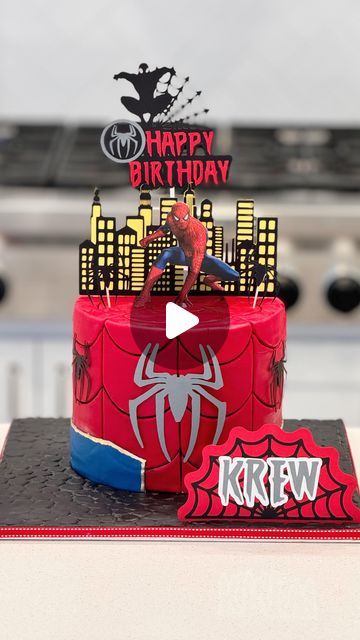 Katie Webber on Instagram: "This Spider-Man cake started with a nightmare and ended up being great!  The nightmare part was that the fondant gave me so many troubles. After 10 years of doing cakes I still have that occasional cake that gives me a hard time. Luckily everything can be fixed. This was my first time doing a Spider-Man web like this with the fondant and black luster dust. I love the aged feeling it gives it. What do you think? #spiderverse #spiderman #marvel #spidermancake #spidey #cakevideo #cakeart #cakeartist #cakesofinstagram #fondant #caketutorial" Spider Man Cakes For Boys, Spiderverse Cake, Guy Cakes, Spidey Cake, Marvel Birthday Cake, Spider Man Cake, Diy Cakes, Spider Man Web, Spider Cake