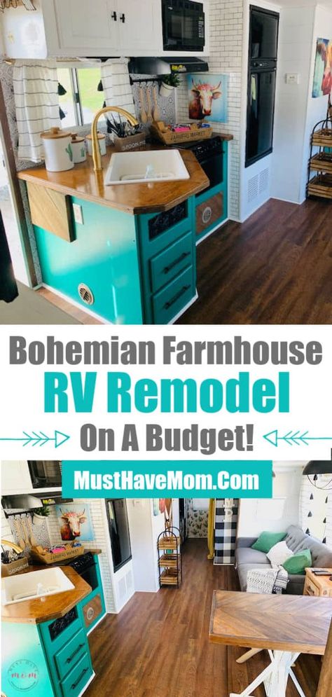 Older Rv Makeover, Diy Motorhome Makeover, Bohemian Trailer Decor, Fun Camper Remodel, Remodeling Rv Ideas Rv Interior, Rv Blue Cabinets, Rv Renovations Before And After, Camper Interior Paint Ideas, Interior Rv Ideas