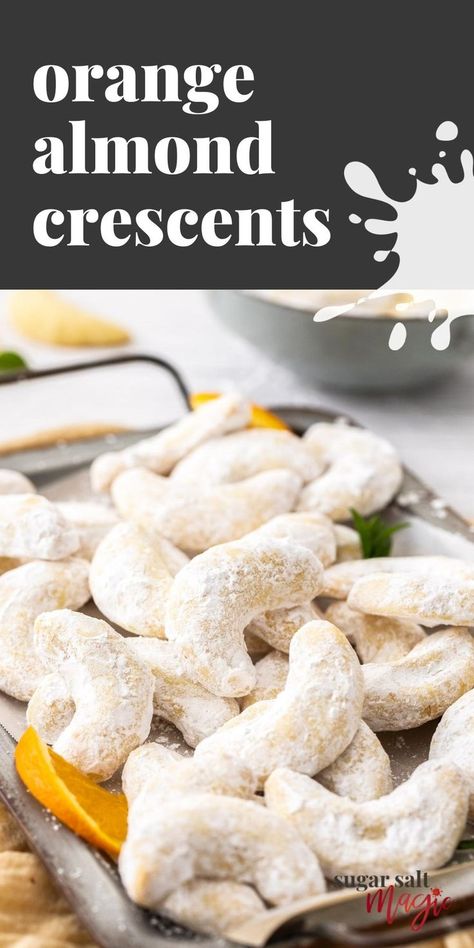 A pile of crescent cookies dusted with icing sugar. Italian Cookie Recipe, Almond Crescent Cookies, Soft Ginger Cookies, Crescent Cookies, Mexican Wedding Cookies, Christmas Cookbook, Cranberry Pistachio, Roll Cookies, Cookie Calories