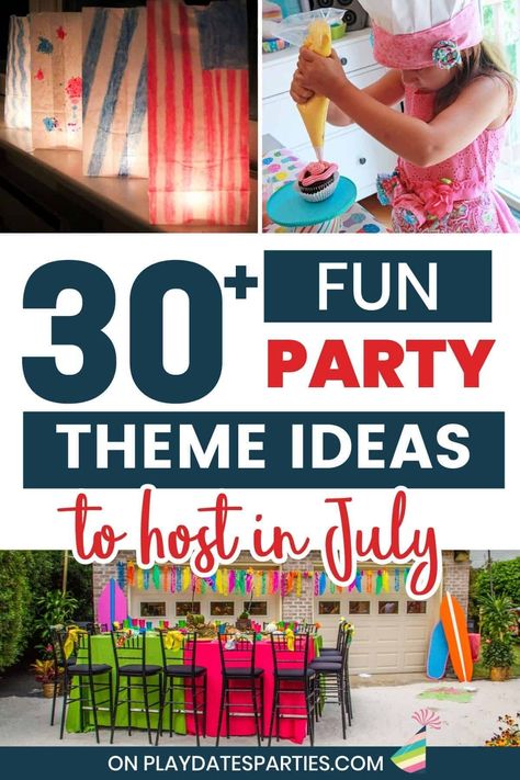 Planning a party this July? Get your planning started with these July party themes for any style and budget. Whether you're planning a birthday party for a lucky little girl or boy, a baby shower for women, a birthday party for adults, or any other special event, these July party theme ideas will help you create the most memorable and unique celebration. July Birthday Themes, July Party Themes, July Themes, Themes For Parties, Summer Birthday Themes, Chocolate Factory Party, Party Theme Ideas, Backyard Parties, Holiday Party Themes