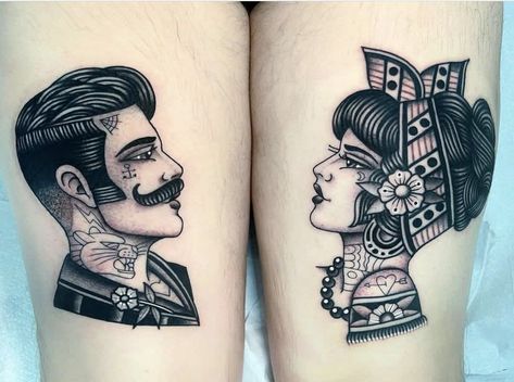 Traditional Style Couples Tattoo, Neo Traditional Couple Tattoo, Traditional Matching Tattoos Couple, Couples Traditional Tattoo, Old School Men Tattoo, Couple Traditional Tattoo, Old School Couple Tattoo, Traditional Man And Woman Tattoo, Traditional Lovers Tattoo