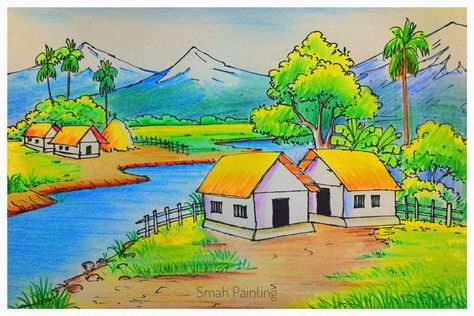 Village Scenery Drawing Pencil, Drawing Of A Village, Village Seen Drawing, Village Scene Drawing Pencil Sketch, Easy Village Scene Drawing, A Landscape Drawing, Cute Drawings Landscape, Drawing Ideas Sencery, Scenery Drawing Colour Pencil Landscapes