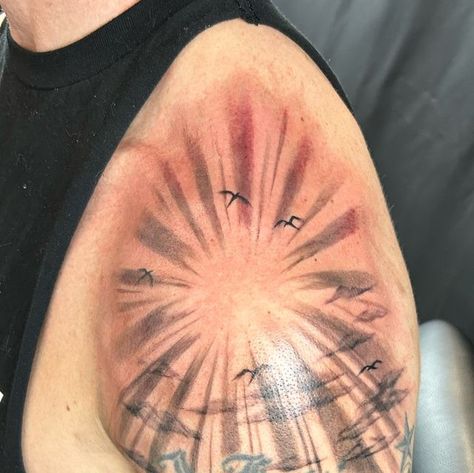 Mayhem Tattoo, Salem on Instagram: "Katie added some sun rays on shoulder  (other tattoo done by another artist)" Sun Rays Tattoo Shoulder, Sun Ray Tattoo Design, Sunrays Tattoo Design, Mayhem Tattoo, Rays Tattoo, Sun Rays Tattoo, Ray Tattoo, Tattoo Shoulder, Sun Rays