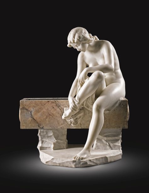 RICCARDO AURILI BORN 1854 ITALIAN FLOWER BASIN WITH A NUDE DRYING HER FOOT signed: Profe R Aurili on the basin and inscribed: Eseguita sotto la direzione del Prof: R. Romanelli white marble and mottled lilac and white marble basin, with lead lining 83.5 by 70 by 46cm., 32 7/8  by 27 1/2  by 18 1/ 8 in. White Statue, Art Parisien, Foto 3d, Classic Sculpture, European Sculpture, Greek Sculpture, Art Classique, European Paintings, Marble Statues