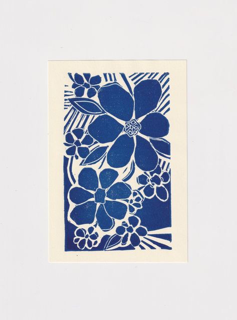 Linocut Print Flowers / A6 Blue Original Lino Art Flower Block Print, Lino Block, Art 2023, Linoleum Print, Lino Art, Lino Cut, Linocut Art, Wood Block Printing, Printmaking Art