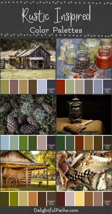 Rustic Inspired Color Palettes - Delightful Paths Log Cabin Color Palette, Rustic House Color Schemes, Hobbit Color Palette, Garden Color Palette, Design Seeds Color Palette, Color Palette From Image, Rustic Color Palettes, Yarn Color Combinations, Christmas Color Palette