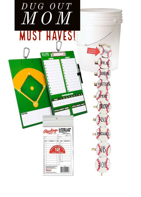 Teeball Dugout Ideas, Tball Organization, Baseball Dugout Organization Team Mom, Dugout Mom Ideas, Baseball Team Mom Ideas, Travel Ball Mom Must Haves, Tball Dugout Organization, Baseball Buckets For Dugout, Softball Dugout Organization