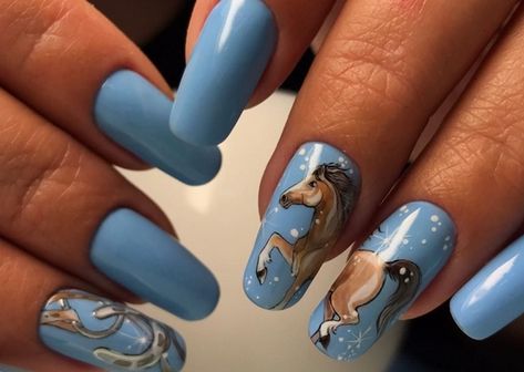 Country Girl Nails, Horse Nail Art, Country Acrylic Nails, Horse Nails, Cowboy Nails, Classy Nail Art Ideas, Manicure Designs, Country Nails, French Manicure Designs