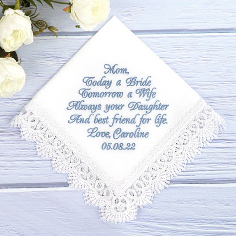 Wedding Hankerchief, Parents Of The Bride, Father Of Bride, Personalized Handkerchief Wedding, Embroidered Hankies, Personalized Handkerchiefs, Brides Mom, Wedding Gifts For Parents, Mom Wedding Gift