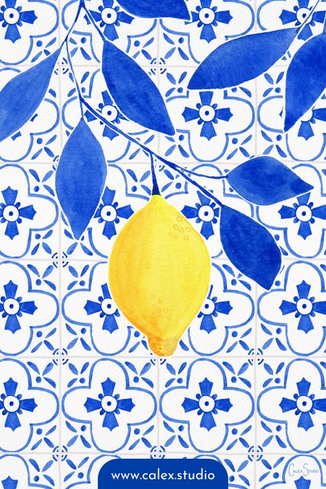 A vibrant Amalfi lemon set against blue Italian tiles. Hand-painted watercolor art print by Candace Alexandres, Calex Studio. #italiandecor #amalficoaststyle #lemonkitchenart Italian Lemon Kitchen Decor, Italian Prints Art, Amalfi Coast Pattern, Lemon Pictures Art, Lemon Pattern Design, Amalfi Coast Design, Lemon Illustration Design, Amalfi Illustration, Italian Pattern Design