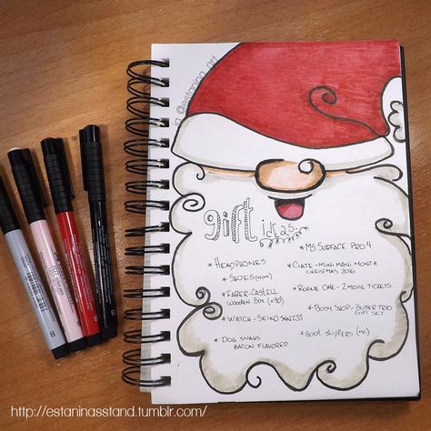 Bujo Gift List, Christmas Art Journal Ideas, Christmas List Drawing Ideas, Santa List Ideas, Christmas List Layout Ideas, Christmas List Drawing, Christmas Bujo Ideas, Christmas List Layout, Christmas Notebook Ideas