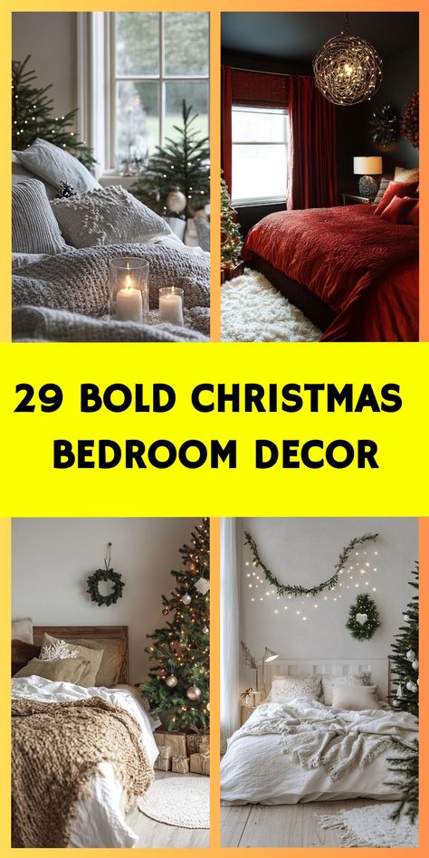 Make your bedroom shine with holiday charm! Browse through 29 creative Christmas decor solutions perfect for your personal space. From festive bedding to magical lighting, discover ways to bring seasonal enchantment to your sleeping sanctuary. Create a dreamy atmosphere that lasts throughout the holidays. Ways To Decorate Your Bedroom, Bedroom For Christmas, Magical Lighting, Festive Bedding, Christmas Bedroom Decor Ideas, Christmas Bedroom Decor, Dreamy Atmosphere, Christmas Door Decoration, Winter Retreat