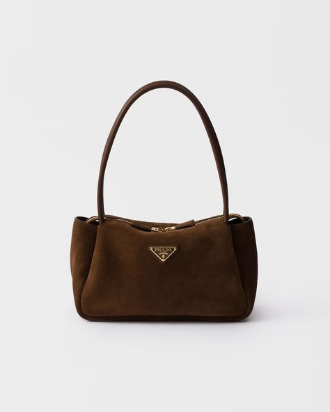 Cocoa Brown Medium Suede Shoulder Bag | PRADA Tas Prada, Dream Purse, Vintage Prada Bag, Bag Wishlist, Handbag Ideas, Purse Collection, Sacs Design, Bag Prada, Luggage Bags Travel