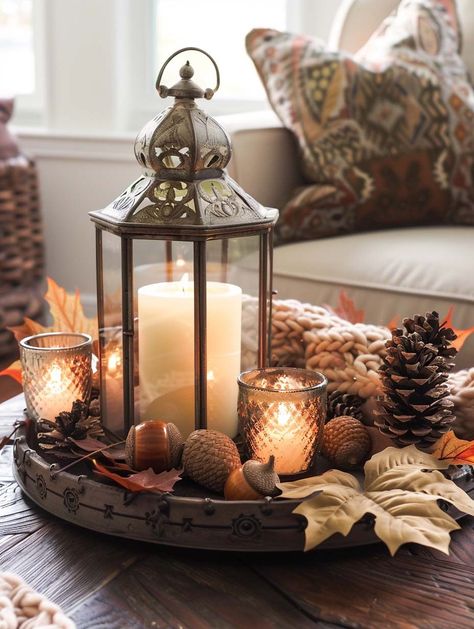 fall candle decorations 2 Tray With Candles Decor, Fall Candle Ideas, Halloween Party Living Room, November Decorations, Kirklands Home Decor, Coffee Table Fall Decor, November Decor, October Magic, Fashion Decor Bedroom