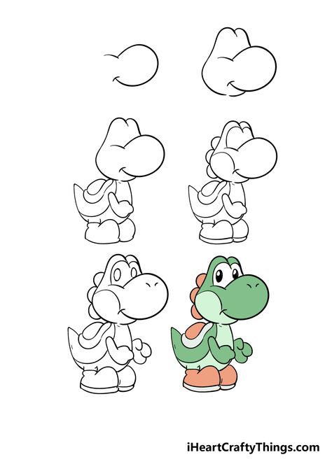 Yoshi Drawing - How To Draw Yoshi Step By Step How To Make Your Own Cartoon Character, Easy Cartoon To Draw, Easy Video Game Drawings, How To Draw Yoshi Step By Step, Super Mario How To Draw, Yoshi Painting Canvases, Mario Drawing Easy Step By Step, How To Draw Super Mario Characters, Step By Step Character Drawing