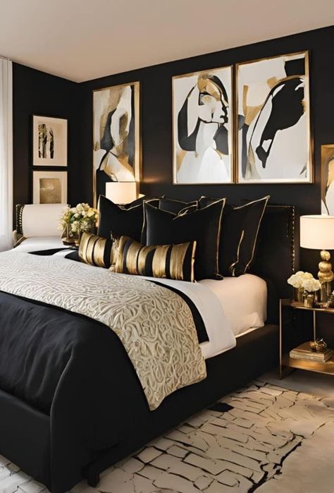 Black White Gold Grey Bedroom, Gold And Black Bedroom Decor Ideas, Gold Black Home Decor, Black Green And Gold Bedroom Ideas, Room Decor For Couples Bedroom, Black And Gold Room Decor Bedroom, Dark Classy Bedroom, Black And Gold Master Bedrooms Decor, Bedroom With Mirror Wall