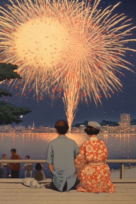 Japanese Fireworks Festival, Couple Watching Fireworks, Webtoon Illustration, Japanese Summer Festival, Moving Poster, Couple Post, Food Festival Poster, Color Wheel Projects, Ideal Relationship