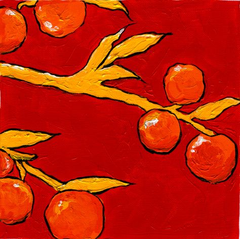 This painting is pretty cool and has an analogous color scheme. The background is red, branches are yellow and the berries are orange. Analogus Scheme Painting, Analogous Colour Scheme Painting, Analogous Color Scheme Painting, Orange Monochromatic Painting, Analogues Colour Scheme, Triadic Color Scheme Art, Split Complementary Color Scheme Art, Analogous Painting Ideas, Analogues Colour Painting