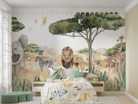 Transform your child's room into a wild adventure with our Safari Wallpaper, featuring hand-drawn savannah animals like lions, elephants, zebras, and giraffes. This unique watercolor wall mural captures the beauty of African wildlife in soft, pastel tones, creating a calm and imaginative space for toddlers. Each design is crafted with care to reflect realistic details, offering a delightful backdrop for play and rest. Perfect for a nursery or kid's bedroom, this wallpaper brings the wonder of the safari right into your home. All our wallpapers are removable and ideal for renters. 🌞 𝐀𝐁𝐎𝐔𝐓 𝐓𝐇𝐈𝐒 𝐖𝐀𝐋𝐋𝐏𝐀𝐏𝐄𝐑 🌞 * American Brand. * We 100% run on Green Energy * We use top-quality German materials, VinylBerlin. Easier to install and perfect results. * Durability - over 10 years Wildlife Mural, Bedroom Watercolor, Savannah Animals, Wallpaper For Kids, Safari Wallpaper, Toddler Bedroom, Nursery Mural, Unique Watercolor, African Lion