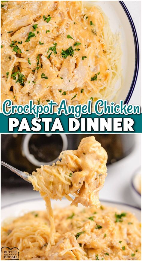 CROCKPOT ANGEL CHICKEN PASTA - Butter with a Side of Bread Crockpot Angel Hair Pasta, Chicken Alfredo Angel Hair Pasta, Chicken Tender Crockpot Recipes, Angel Chicken Pasta, Maid Rites, Angel Hair Pasta Recipes, Angel Chicken, Crockpot Chicken And Noodles, Crockpot Pasta Recipes