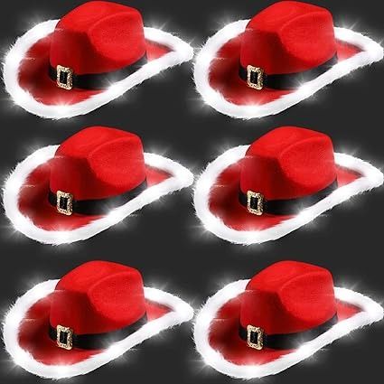 Amazon.com: JaGely 6 Pieces Light Up Santa Claus Cowboy Hats Set, Christmas Cowgirl Hat with Lights, Red and White Festival Cowboy Hats for Women, Men Xmas Western Costume Accessories : Clothing, Shoes & Jewelry Cowboy Hats For Women, Funny Christmas Hats, Western Costume, Cowboy Chaps, Christmas Cowboy, Western Theme Party, Western Costumes, Lamp Beads, Christmas Atmosphere