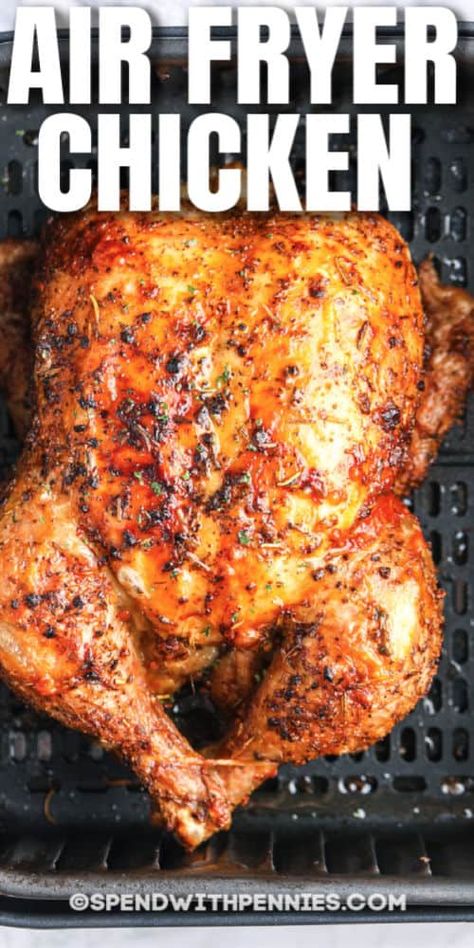 The air fryer is the best way to cook a whole roasted chicken for dinner when you are in a hurry! You can also make a whole chicken for future recipes that require meat throughout the week. #spendwithpennies #airfryerwholechicken #maindish #airfryerchicken #quickairfryer #roastedchicken Air Fryer Recipes Whole Chicken, Air Fryer Whole Chicken, Chicken Instapot, Recipes Instapot, Chicken For Dinner, Air Fryer Cooking Times, Cooks Air Fryer, Whole Chicken Recipes, Air Fried Food