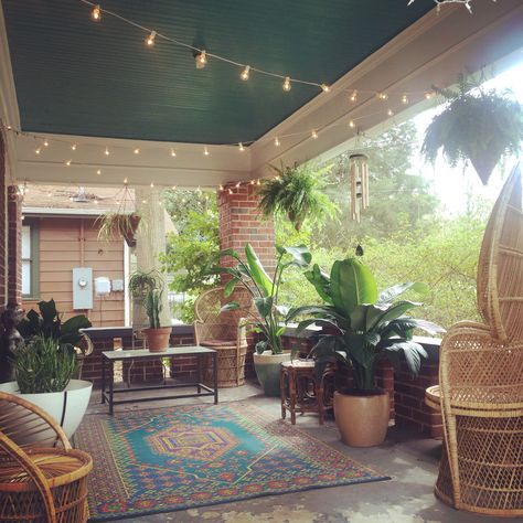 ... Eclectic Back Porch, Eclectic Porch Decor, Eclectic Front Porch, Witchy Front Porch, Plant Porch, Bohemian Porch, Outdoor Hangout, Retro Lounge, Cottage Porch