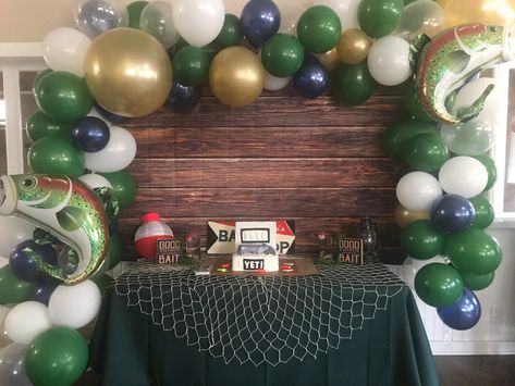 Fishing Birthday Party Backdrop, Fishing Birthday Party Ideas For Men, Bass Pro Shop Theme Party, Bass Fishing Party Decorations, Fishing Backdrop Party Ideas, Fishing Birthday For Men, Fishing Party Backdrop, Bass Fish Birthday Party, Fisherman Theme Party