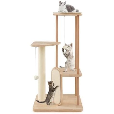 Amazon.com : Feandrea by SONGMICS Home Modern Cat Tree, Heavy Duty Cat Tower, Steel Tube and Particleboard, Platform with Cushion, Sisal Cat Scratching Post, Hanging Cotton-Linen Ball, 31 x 17 x 44 Inches : Pet Supplies Catio Cats, Cats Hunting, Modern Cat Tower, Wooden Cat Tree, Modern Cat Tree, Cat Tree Condo, Wood Cat, Cat Scratching Post, Wooden Cat