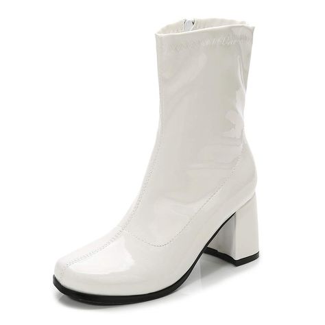 White Gogo Boots, Calf Length Boots, Go Go Boots, Disco Costume, Boots Mid Calf, Boots For Short Women, Winter Shoes For Women, Gogo Boots, Zipper Boots