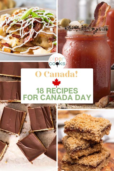 Nothing says Canada Day like a batch of freshly baked butter tarts, or a an icy cold Caesar cocktail, or authentic Canadian poutine. Explore the flavors of Canada with these 18 must-try recipes for your Canada Day feast. Whip up a batch of Nanaimo bars or maple cream cookies. With appetizers, main courses, and desserts all covered, you'll find plenty of inspiration to create a memorable Canada Day spread that honors the country's rich culinary traditions. Canadian Food Recipes Traditional, Canadian Appetizers, Canadian Foods, Caesar Cocktail, Canadian Poutine, Canadian Butter Tarts, Caesar Recipe, Canadian Recipes, Canadian Dishes