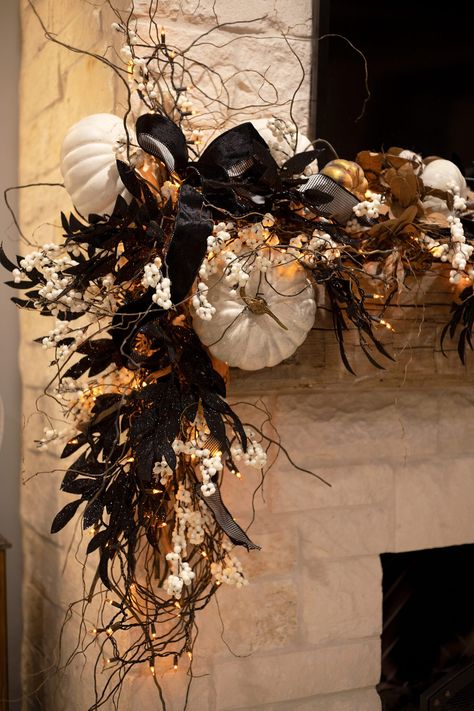 Halloween | Regina Gust Designs Classy Fall Halloween Decor, Southern Living Halloween Decorations, Fall Halloween Garland, Moody Fall Mantle, Halloween Wreaths Ideas, Non Traditional Fall Decor, Halloween Floral Decor, Halloween Decor 2024 Trends, Luxury Halloween Decor