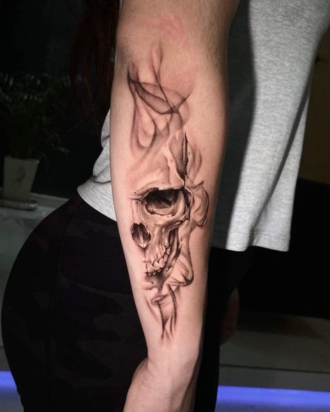 Feminine Skull Tattoos, Backpiece Tattoo, Skull Sleeve Tattoos, Skull Sleeve, Flame Tattoos, Badass Tattoos, Arm Tattoos For Guys, Feminine Tattoos, Skull Tattoos