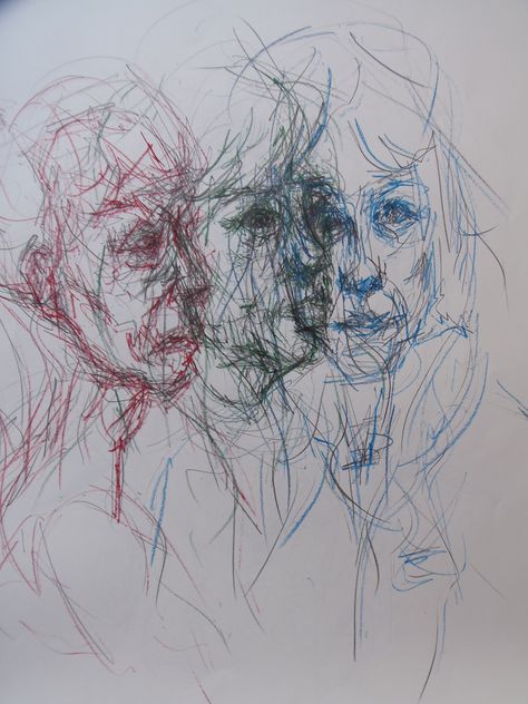 Serica Bawden - experimental layered portrait of my mother using a double line with pencil and biro's on A1 paper Layers Artists Gcse, Layering Gcse Art, Layers Of People Art, Layered Portraits, Layered Portraits Art, Mark Making Portraits, Experimental Drawing, Layers Portrait Art, Layered Self Portrait