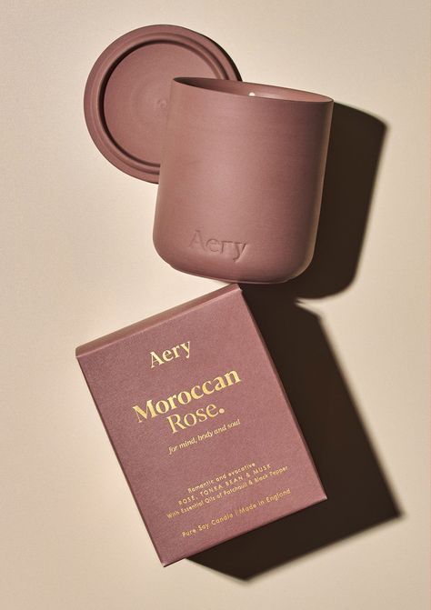 Aery Living Moroccan Rose Dusty Clay Scented Candle next to product packaging on a white background Scented Candles Packaging, Earthy Candles, Candle Packaging Design, Moroccan Rose, Rose Scented Candle, Candle Logo, Rose Gardens, Soy Candle Making, Scented Candles Luxury