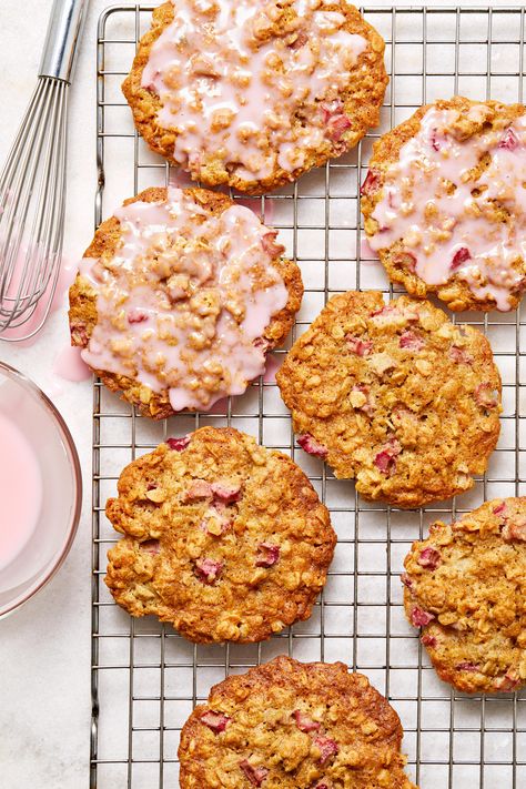 Dress up these rhubarb cookies to be pretty in pink with a drop of food coloring in the icing. #bhgfood #springrecipes #recipes Rhubarb Cookies Oatmeal, Rhubarb Biscuits, Rhubarb Cookies Recipes, Rhubarb Oatmeal Cookies, Healthy Rhubarb Recipes, Rhubarb Oatmeal, Rhubarb Cookies, No Sodium Foods, Rhubarb Desserts