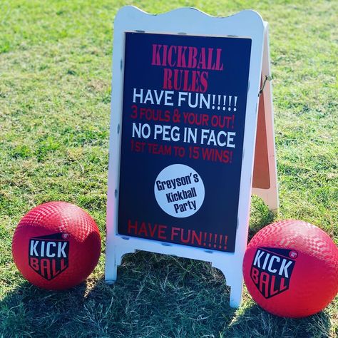 Fun kids kickball Party 8 Yo Birthday Party Ideas, Kickball Party Decorations, Kickball Party Ideas Birthdays, Kickball Party Ideas For Adults, Kickball Tournament Fundraiser, Kickball Tournament Ideas, Kickball Birthday Party Ideas, Take Me Out Two The Ball Game Party, Kickball Birthday Party