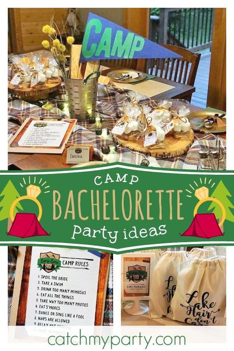 Check out this fun camp themed bachelorette! The activities look awesome! See more party ideas and share yours at CatchMyParty.com #catchmyparty #partyideas #bachelorette #camp #summercamp #rustic #campingactivities #inthewild #bridetobe #wedding #gettingmarried Glamping Bachelorette Party, Camping Bachelorette Party, Camping Bachelorette, Cabin Weekend, Summer Camp Themes, Camp Party, Themed Bachelorette Party, Camping Snacks, Wedding Ceremony Ideas