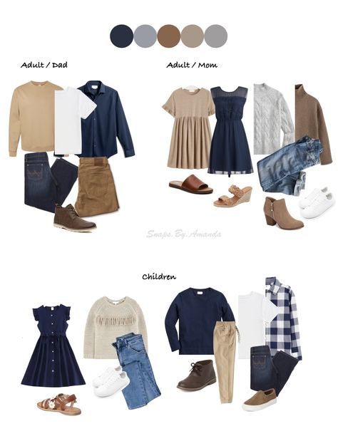 Outfit inspo for family photos Navy Tan And Cream Family Pictures, Navy Family Pictures Outfits Fall, Fall Photoshoot Outfits Family Denim, Navy Fall Photo Outfits, Blue Grey Tan Family Pictures, Navy Dress Family Photos, Blue Cream Brown Family Photos, Casual Outfits Family Photos, Family Photos Navy And White