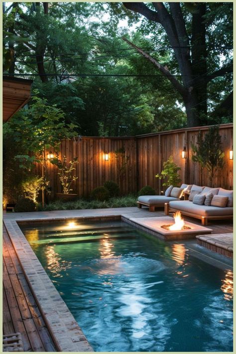 outdoor decor backyard Shallow Backyard Pools, Cozy Backyard With Pool, Pool Side Garden Ideas, Small Backyard With Pools, Backyard With Pool Ideas On A Budget, Small Pool And Spa, Pool In Small Backyard, Small Yard Pools Backyard Designs, Small Backyard With Pool Ideas