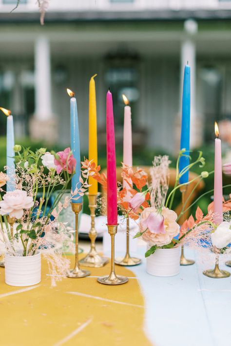 Color Candles Wedding, Colour Pop Wedding, Wildflower Wedding Theme Table Settings, Wildflower Wedding Color Schemes, Wildflower Wedding Colors, Colorful Wedding Table Settings, Pop Of Color Wedding, Wedding Cake Colorful, Colourful Picnic