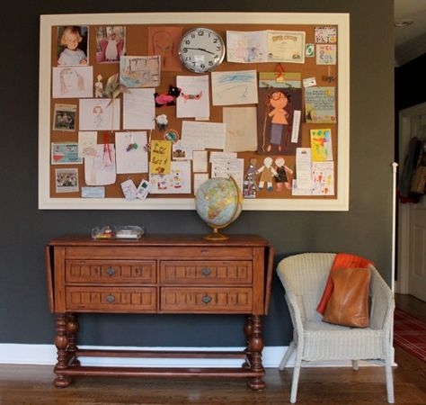 Living With Kids: Sunshine Burns ⋆ Design Mom Living Room Bulletin Board, Giant Corkboard Wall, Bulletin Board In Kitchen, Family Cork Board Ideas, Big Cork Board Ideas, Cork Board Decorating Ideas, Cork Board Ideas, Cork Board Wall, Cozy Small Bedrooms