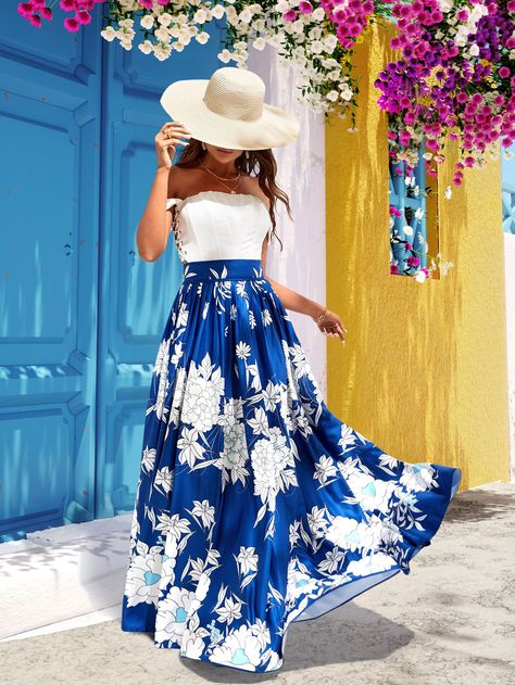 High Waist Floral Print Pleated Skirt Blue And White Skirt Outfit, Blue Skirt Outfit Ideas, Blue Floral Skirt Outfit, Blue Skirt Outfits, Floral Long Skirt, Floral Skirt Outfits, White Skirt Outfits, Floral Print Maxi Skirt, Blue Floral Skirt